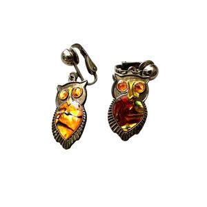 Vintage Owl Clip On Earrings Abalone Shell Yellow Set